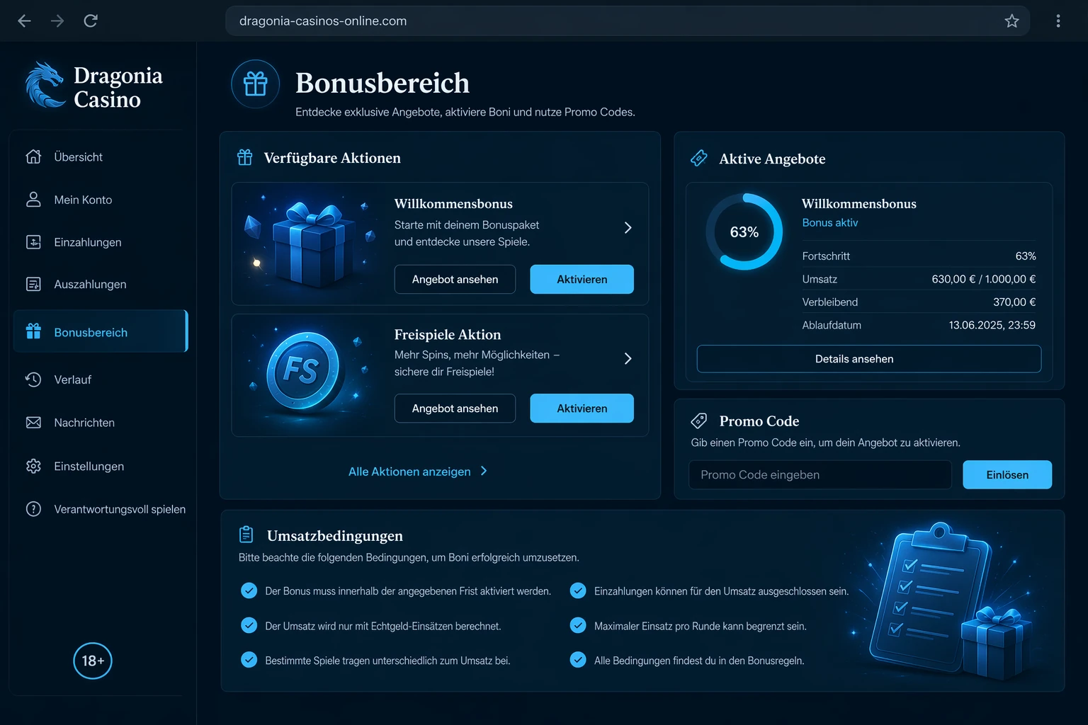 Der Bonusbereich, nachdem man sich eingeloggt hat